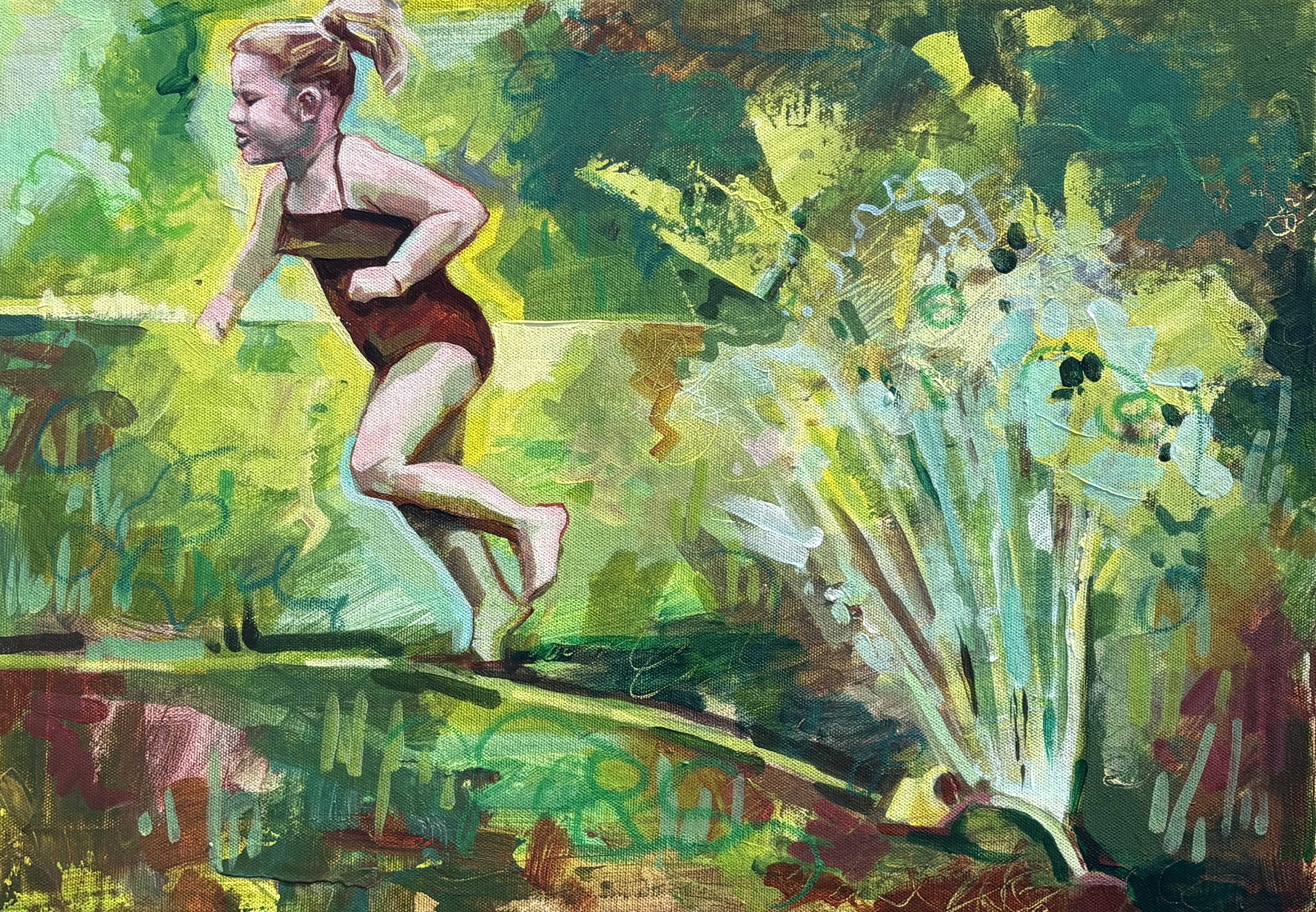 painting of a girl in an abstract green setting wearing a bathing suit and jumping